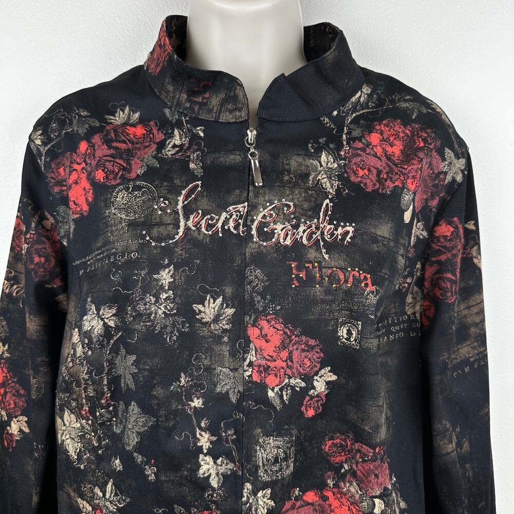 VTG Cactus Jacket Blazer Full Zip Secret Garden Floral Rinestones Black L Artsy - Picture 2 of 13